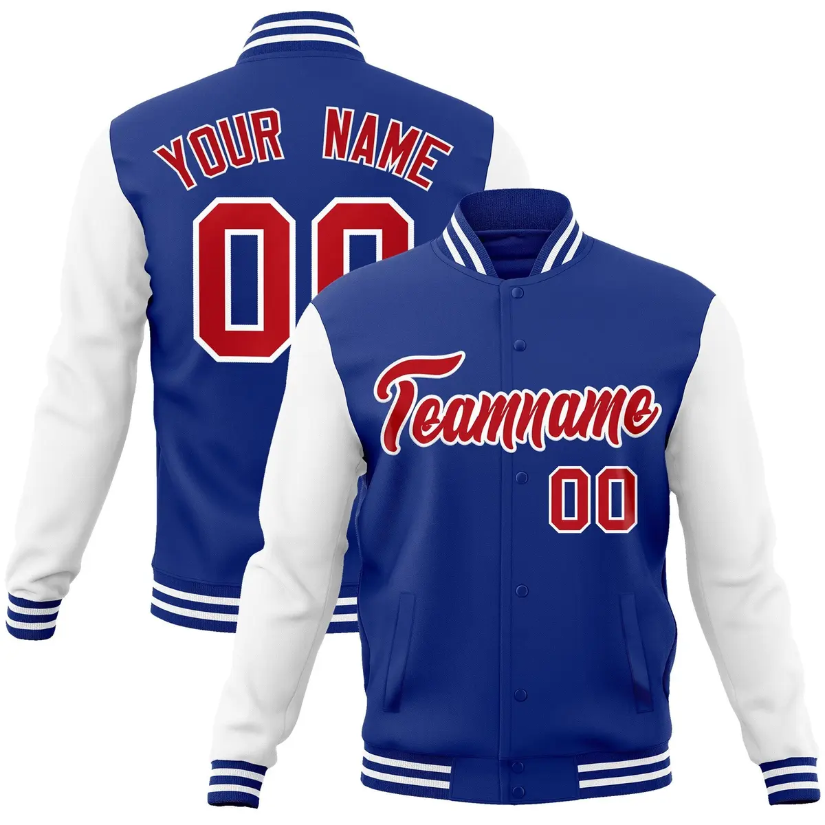 Royal Red White Raglan Varsity Full-Snap Letterman Jacket