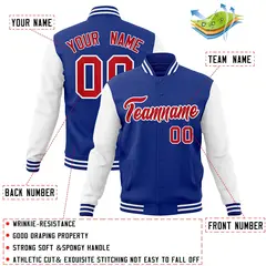 Royal Red White Raglan Varsity Full-Snap Letterman Jacket 4