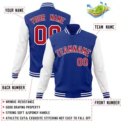 Royal Red White Raglan Varsity Full-Snap Letterman Jacket 4