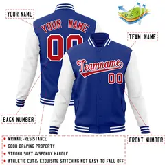 Royal Red White Raglan Varsity Full-Snap Letterman Jacket 4