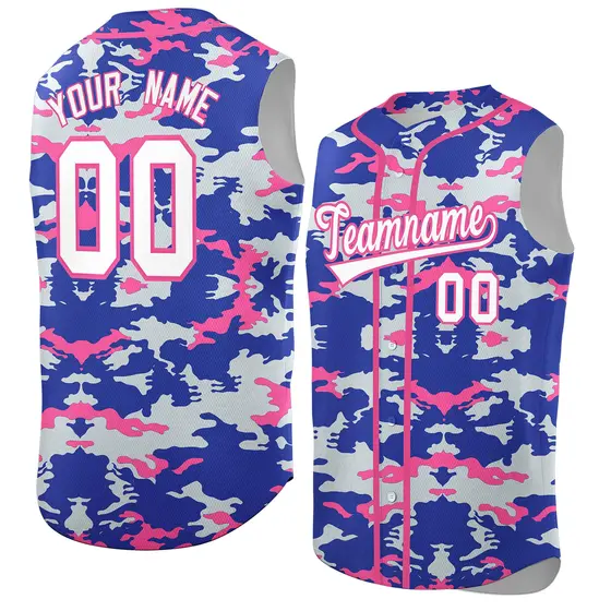 Royal Silver and Pink Camo Sleeveless Baseball Jersey