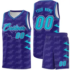 Royal Sky Blue Bat Pattern Halloween Basketball Jersey 1