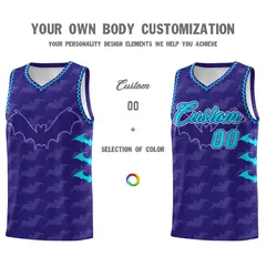 Royal Sky Blue Bat Pattern Halloween Basketball Jersey 3