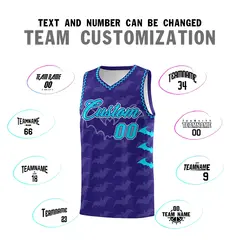 Royal Sky Blue Bat Pattern Halloween Basketball Jersey 4