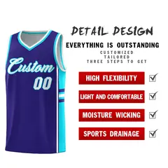 Royal Sky Blue Classic Color Block Varsity Basketball Jersey 2