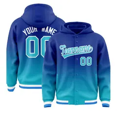 Royal Sky Blue Gradient Varsity Full-Snap Letterman Jacket Hoodie