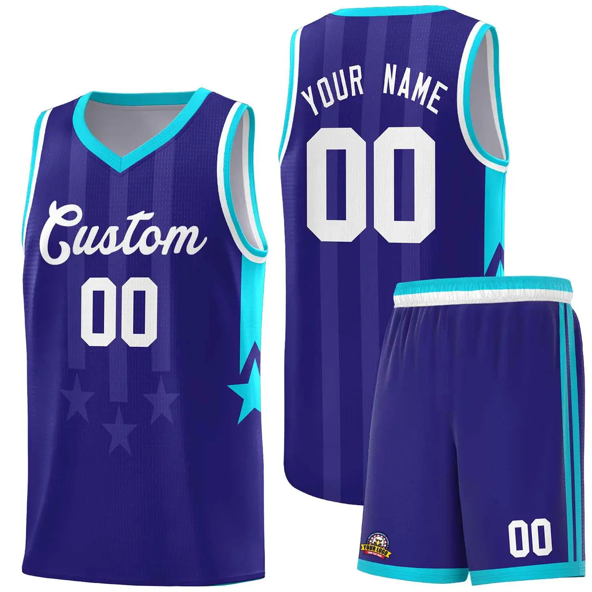 Royal Sky Blue White Gradient Star Graffiti Basketball Jersey