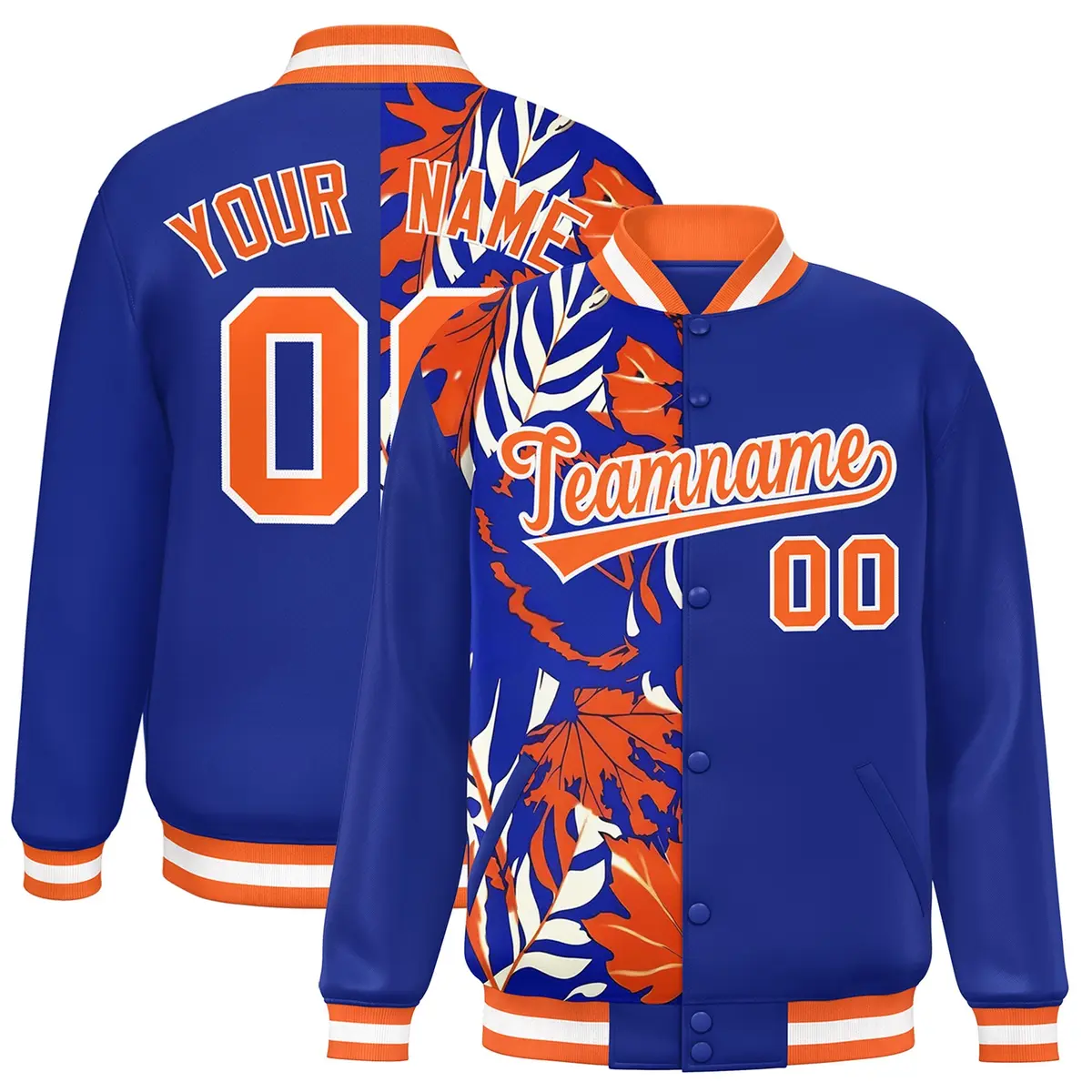 Royal Two Tone Split Flower Pattern Varsity Letterman Jacket