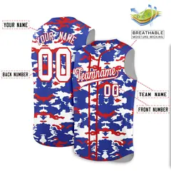 Royal White and Red Camo Sleeveless Baseball Jersey 2