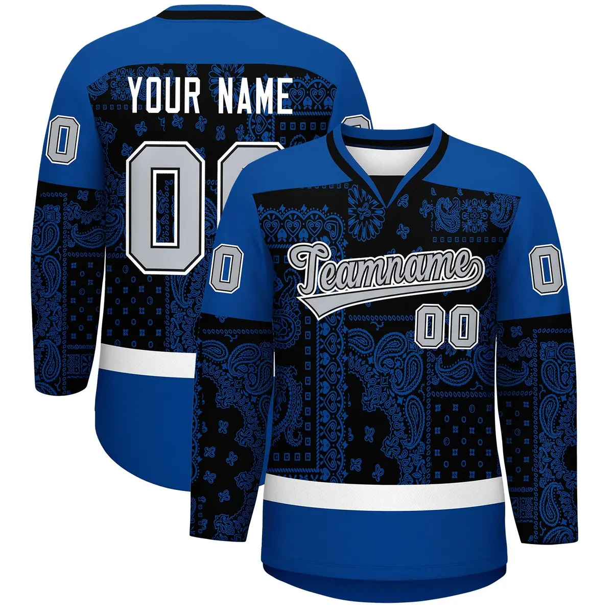 Royal White Black Cashew Flower Graffiti V-Neck Hockey Jersey