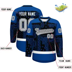 Royal White Black Cashew Flower Graffiti V-Neck Hockey Jersey 2