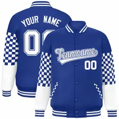 Royal White Checkered Color Block Bomber Varsity Jacket