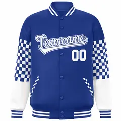 Royal White Checkered Color Block Bomber Varsity Jacket 3