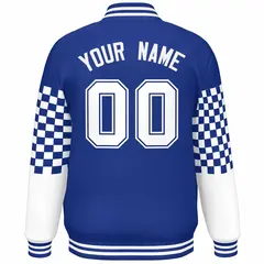 Royal White Checkered Color Block Bomber Varsity Jacket 4
