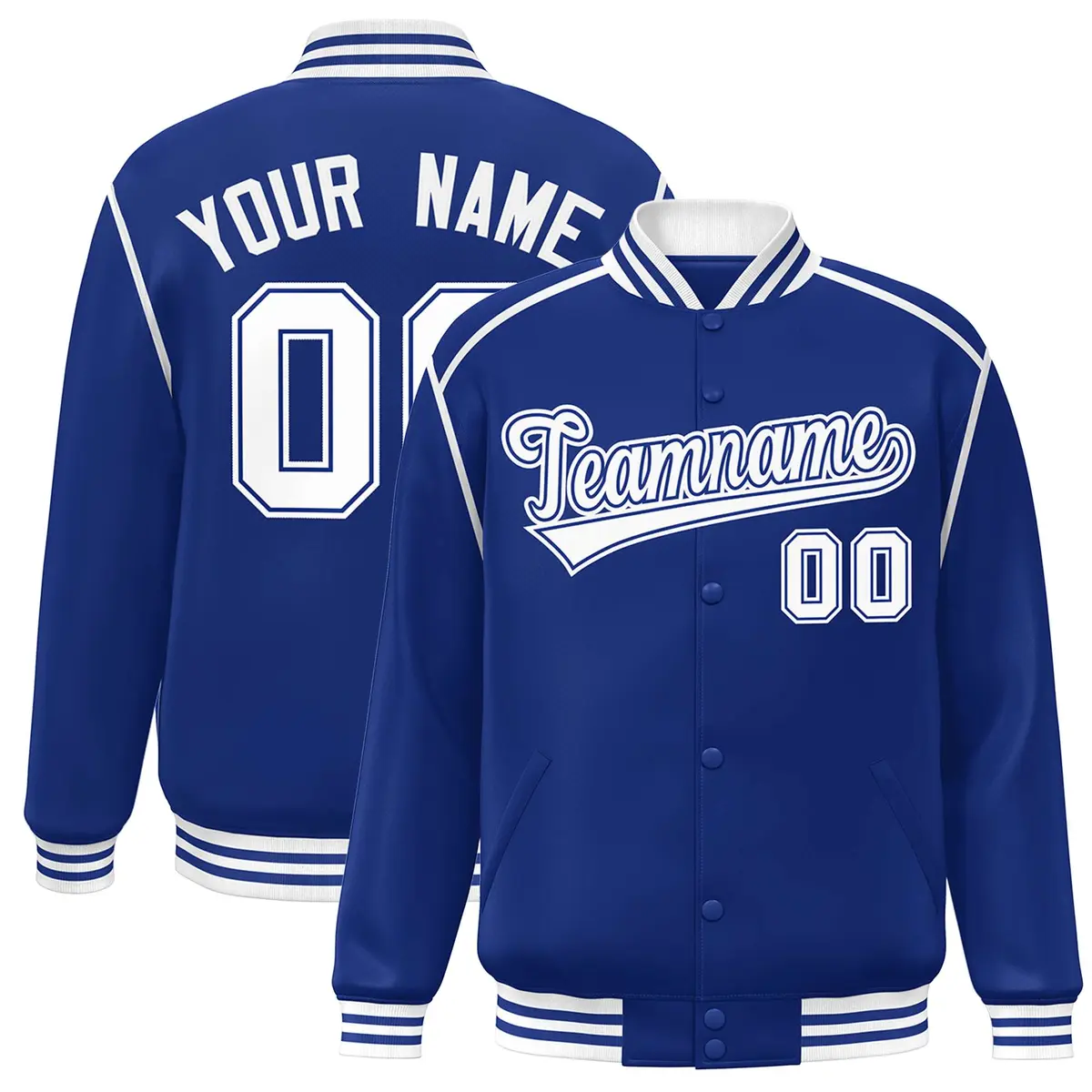 Royal White Color Block Ribbon Varsity Full-Snap Bomber Jacket