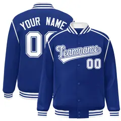 Royal White Color Block Ribbon Varsity Full-Snap Bomber Jacket