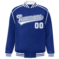 Royal White Color Block Ribbon Varsity Full-Snap Bomber Jacket 3