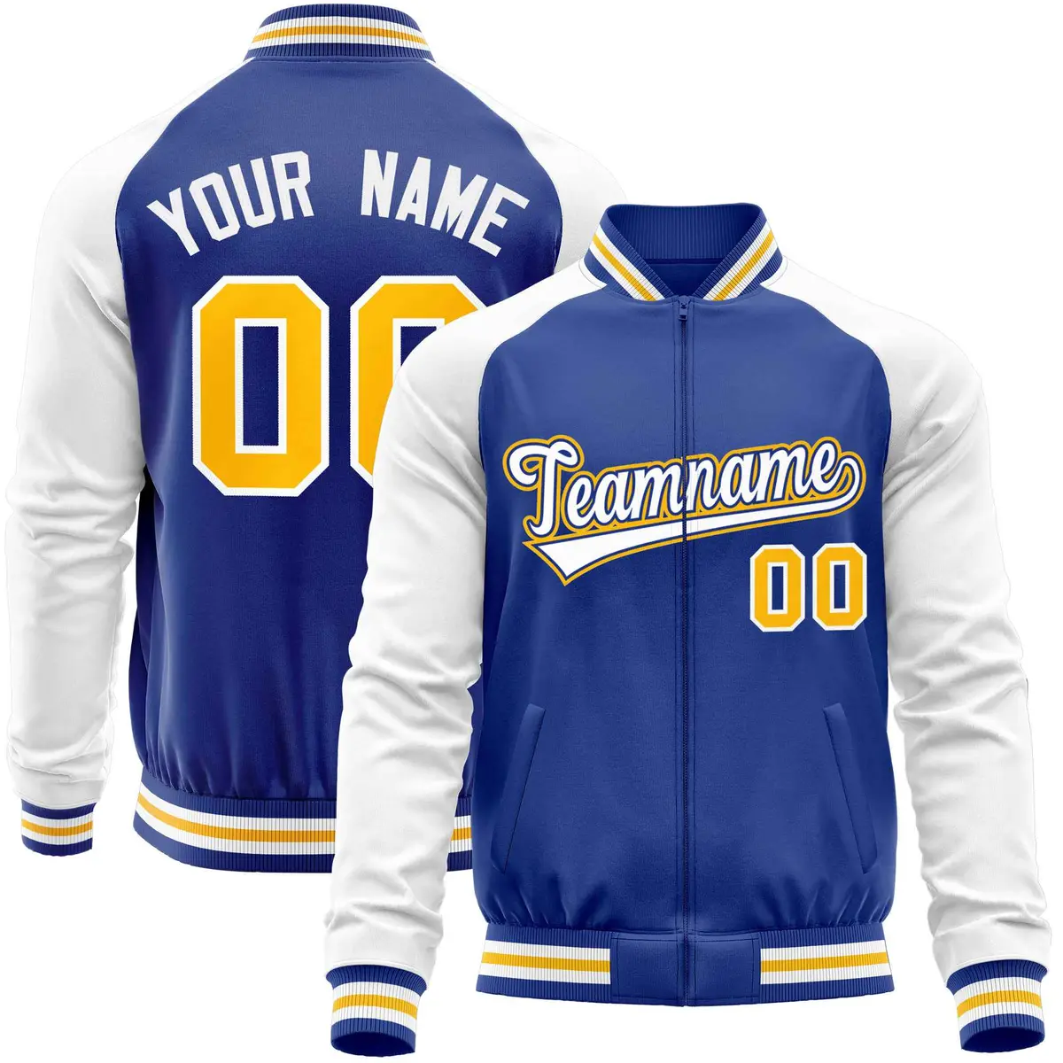 Royal White Full-Zip Raglan Sleeves Varsity Letterman Baseball Jacket