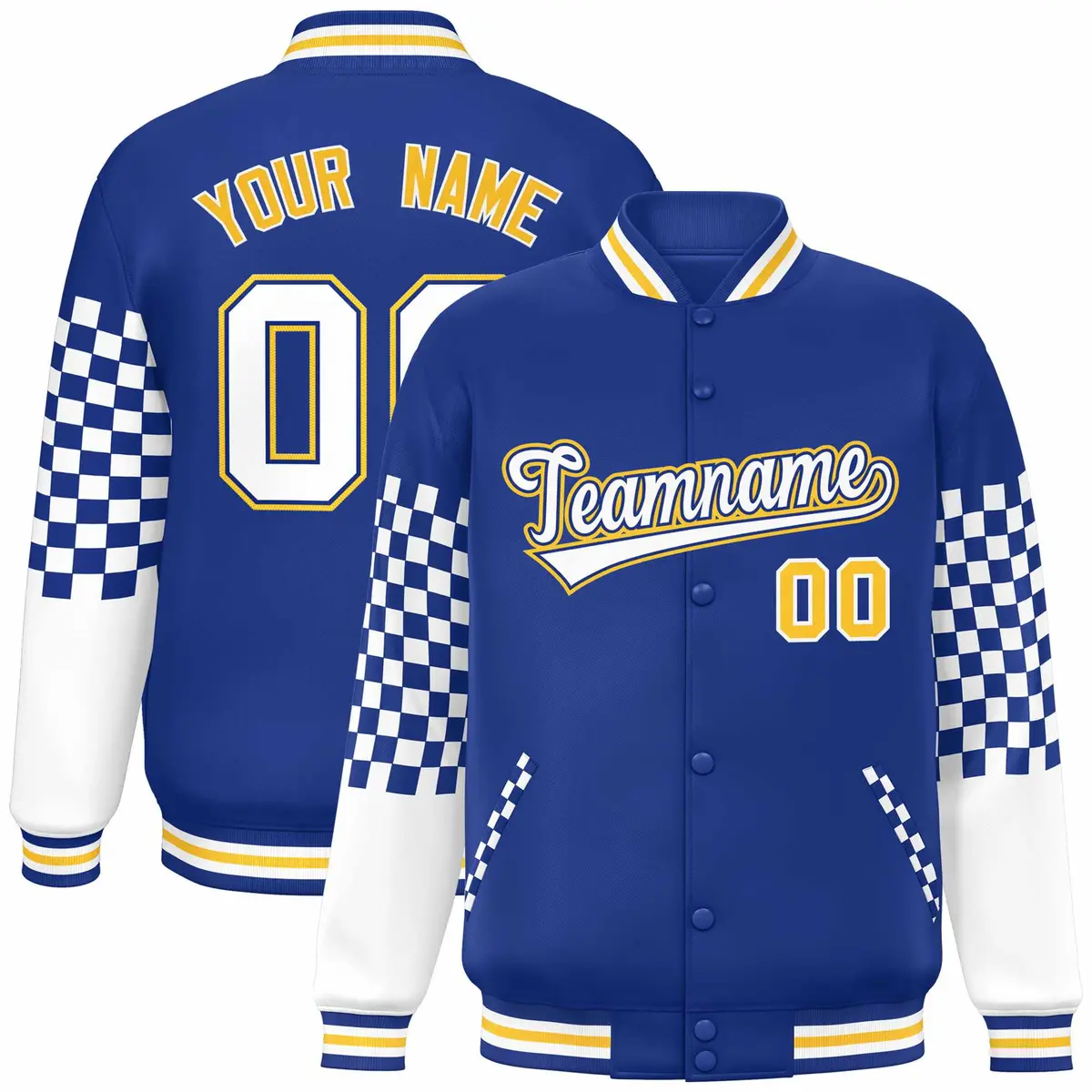 Royal White-Gold Checkered Color Block Bomber Varsity Jacket
