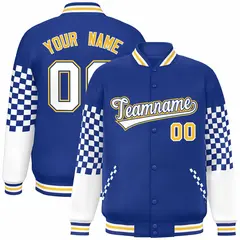 Royal White-Gold Checkered Color Block Bomber Varsity Jacket