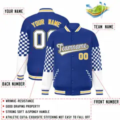 Royal White-Gold Checkered Color Block Bomber Varsity Jacket 2