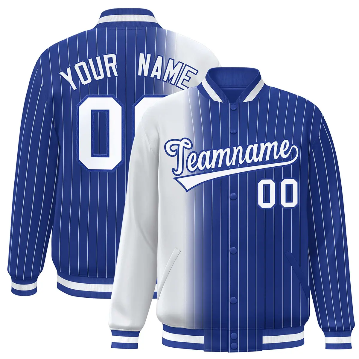 Royal White Gradient Pinstripe Varsity Full-Snap Baseball Jacket