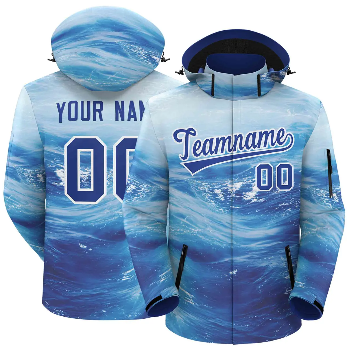 Royal White Graffiti Pattern Hooded Waterproof Jacket