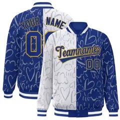 Royal White Graffiti Pattern Split Letterman Bomber Jacket