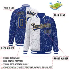Royal White Graffiti Pattern Split Letterman Bomber Jacket 2
