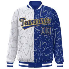 Royal White Graffiti Pattern Split Letterman Bomber Jacket 3