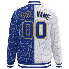 Royal White Graffiti Pattern Split Letterman Bomber Jacket 4
