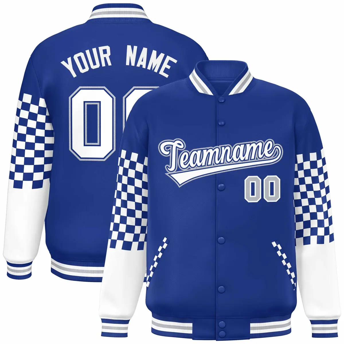 Royal White-Gray Checkered Color Block Bomber Varsity Jacket