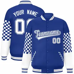 Royal White-Gray Checkered Color Block Bomber Varsity Jacket 1