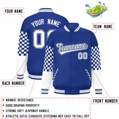Royal White-Gray Checkered Color Block Bomber Varsity Jacket 2