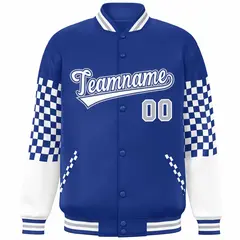 Royal White-Gray Checkered Color Block Bomber Varsity Jacket 3