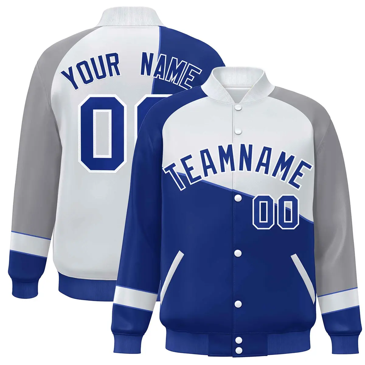 Royal White-Gray Color Block Bomber Full-Snap Baseball Varsity Jacket