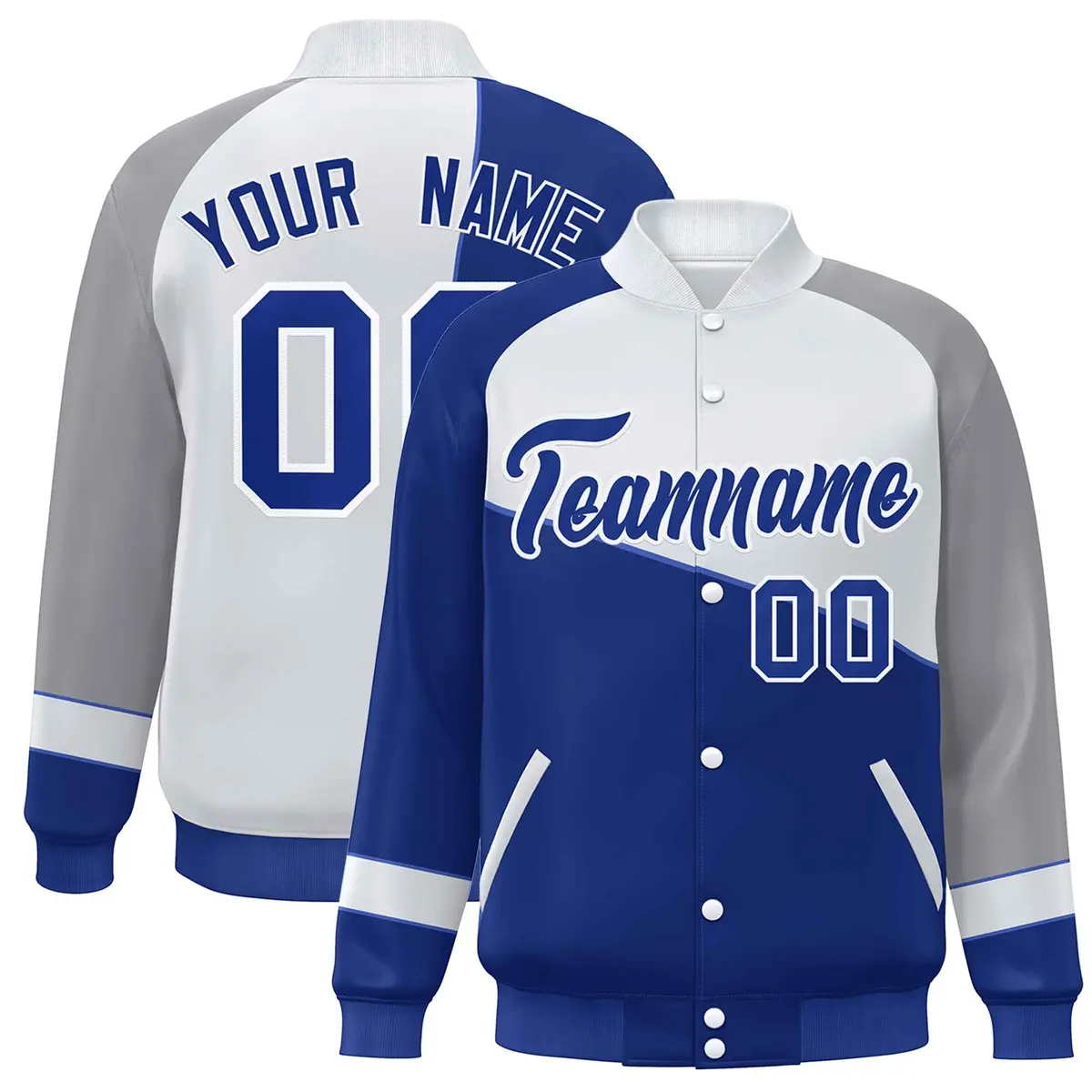 Royal White-Gray Color Block Bomber Full-Snap Baseball Varsity Jacket