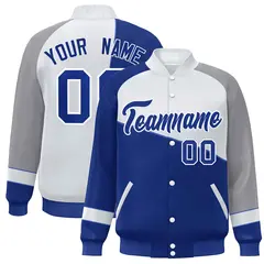 Royal White-Gray Color Block Bomber Full-Snap Baseball Varsity Jacket