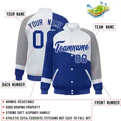 Royal White-Gray Color Block Bomber Full-Snap Baseball Varsity Jacket 2