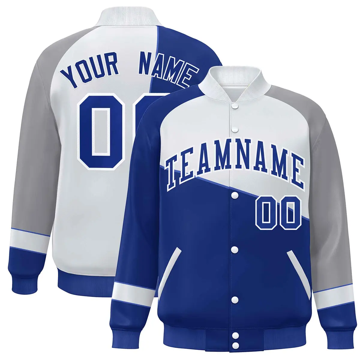 Royal White-Gray Color Block Bomber Full-Snap Baseball Varsity Jacket