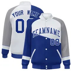 Royal White-Gray Color Block Bomber Full-Snap Baseball Varsity Jacket