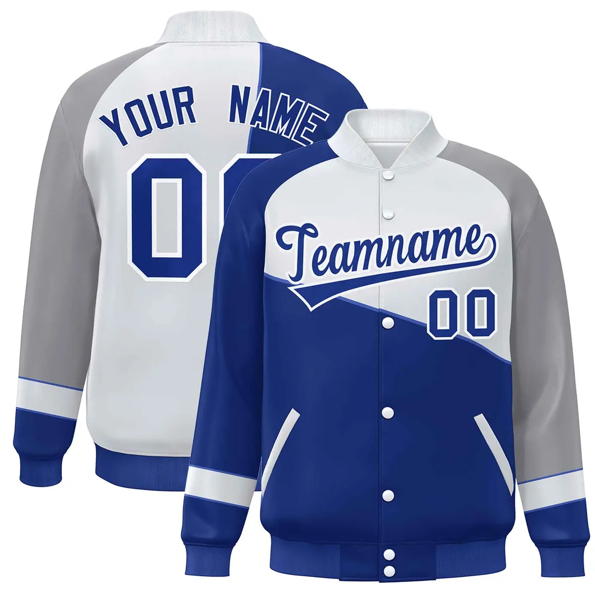 Royal White-Gray Color Block Bomber Full-Snap Baseball Varsity Jacket