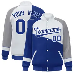Royal White-Gray Color Block Bomber Full-Snap Baseball Varsity Jacket