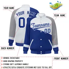 Royal White-Gray Color Block Bomber Full-Snap Baseball Varsity Jacket 2
