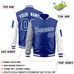Royal White-Gray Raglan Varsity Letterman Bomber Jacket 2