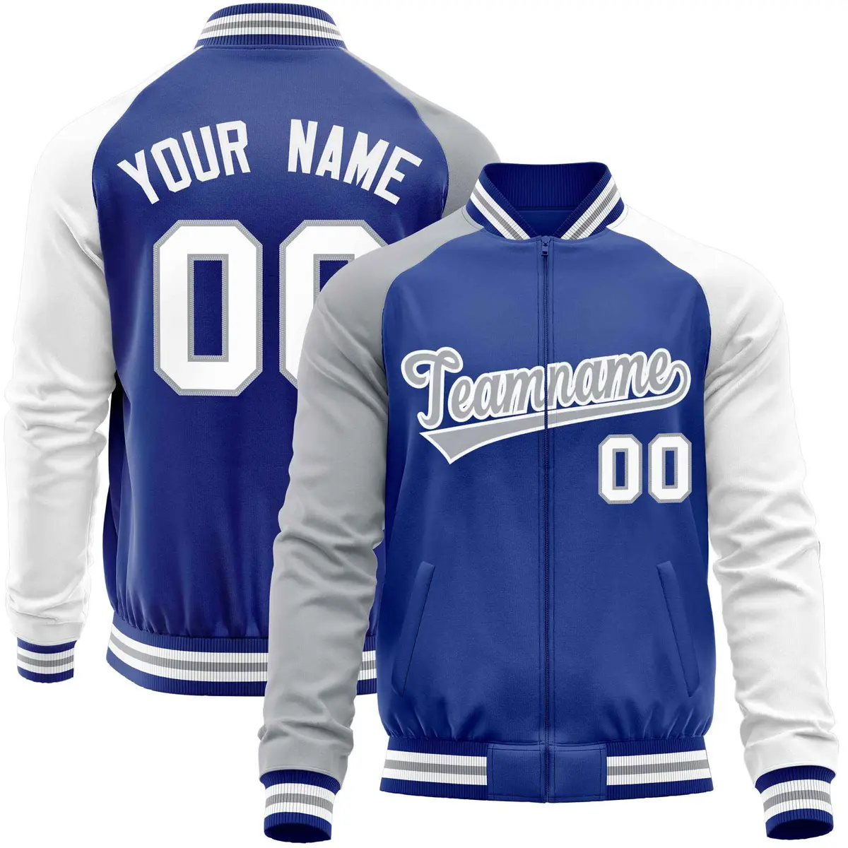 Royal White-Gray Varsity Full-Zip Raglan Sleeves Letterman Baseball Jacket