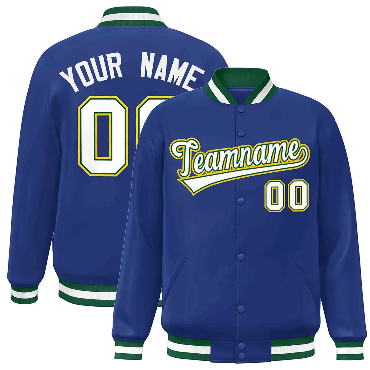 Royal White-Green Classic Varsity Full-Snap Letterman Jacket