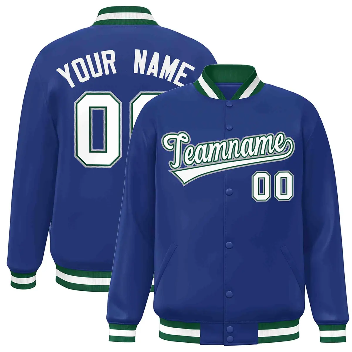 Royal White-Green Classic Varsity Full-Snap Letterman Jacket