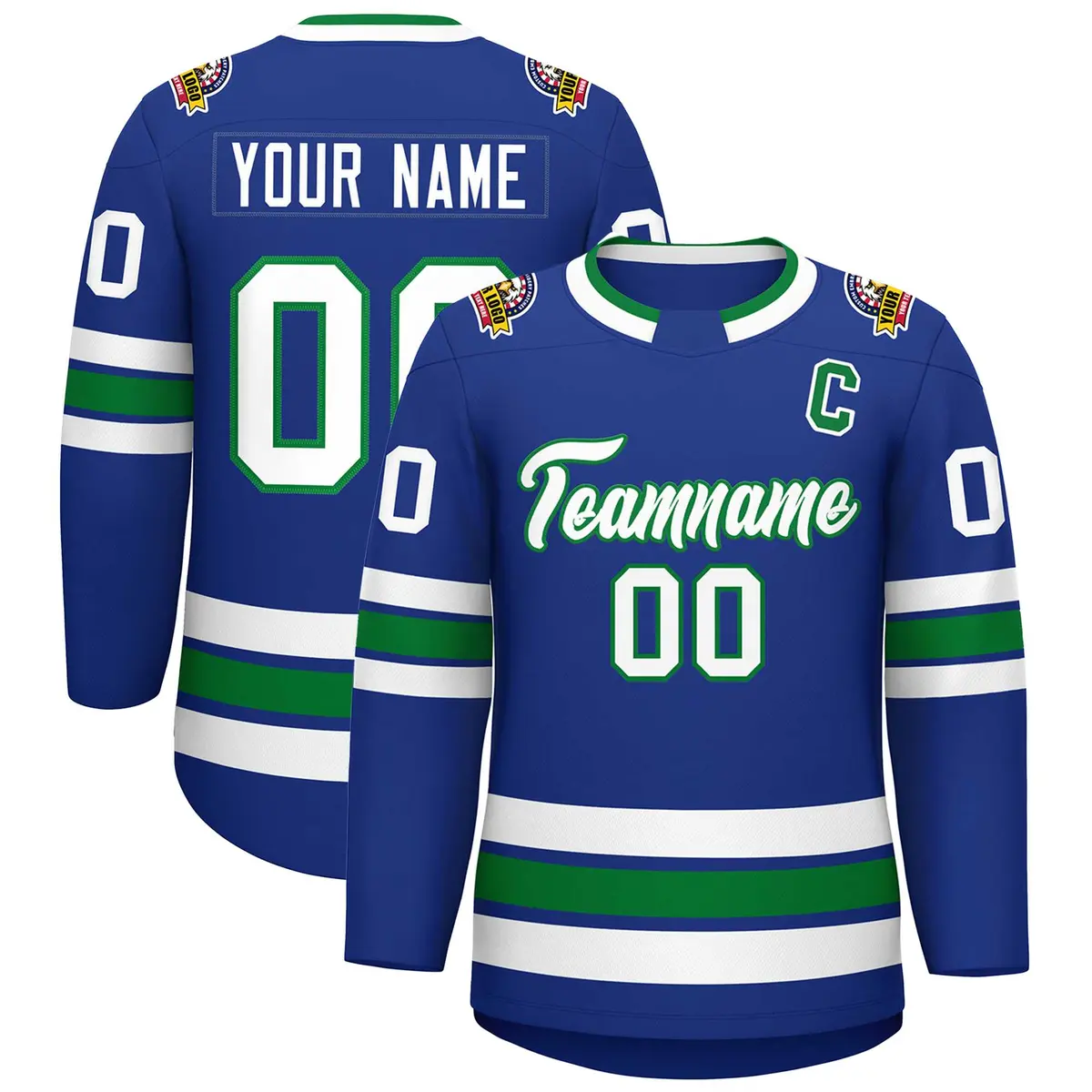 Royal White-Kelly Green Classic Style Hockey Jersey