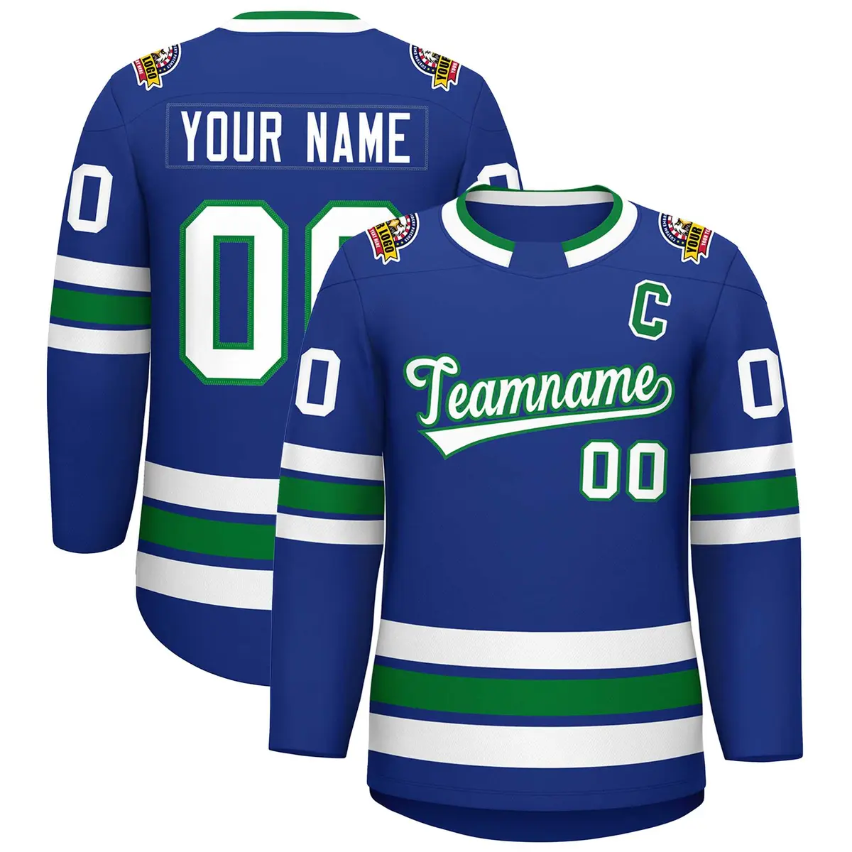 Royal White-Kelly Green Classic Style Hockey Jersey